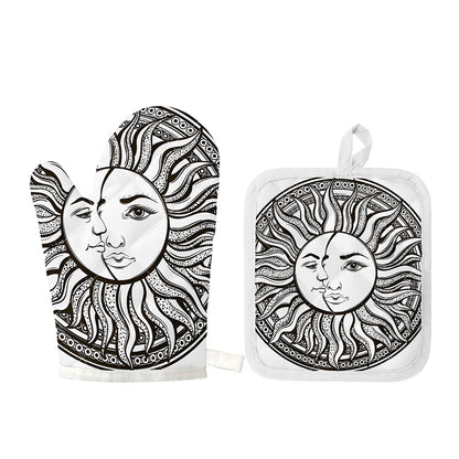 Bohemian Celestial Sun And Moon Print Oven Mitt And Pot Holder Set