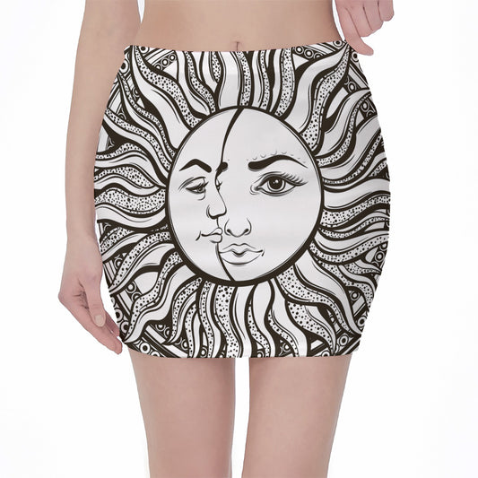 Bohemian Celestial Sun And Moon Print Pencil Mini Skirt