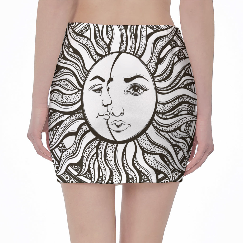 Bohemian Celestial Sun And Moon Print Pencil Mini Skirt