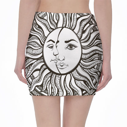 Bohemian Celestial Sun And Moon Print Pencil Mini Skirt