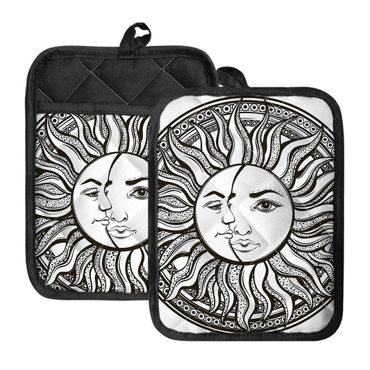 Bohemian Celestial Sun And Moon Print Pot Holders With Pocket
