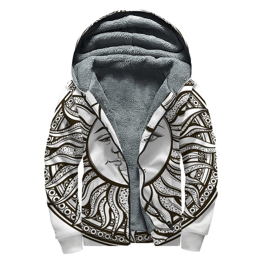 Bohemian Celestial Sun And Moon Print Sherpa Lined Zip Up Hoodie