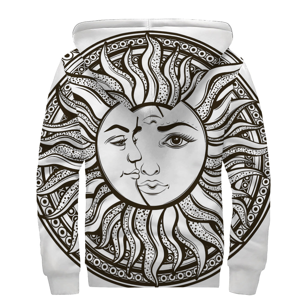 Bohemian Celestial Sun And Moon Print Sherpa Lined Zip Up Hoodie