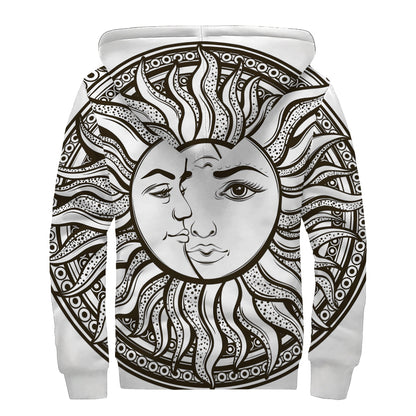 Bohemian Celestial Sun And Moon Print Sherpa Lined Zip Up Hoodie