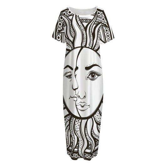 Bohemian Celestial Sun And Moon Print Short Sleeve Long Nightdress