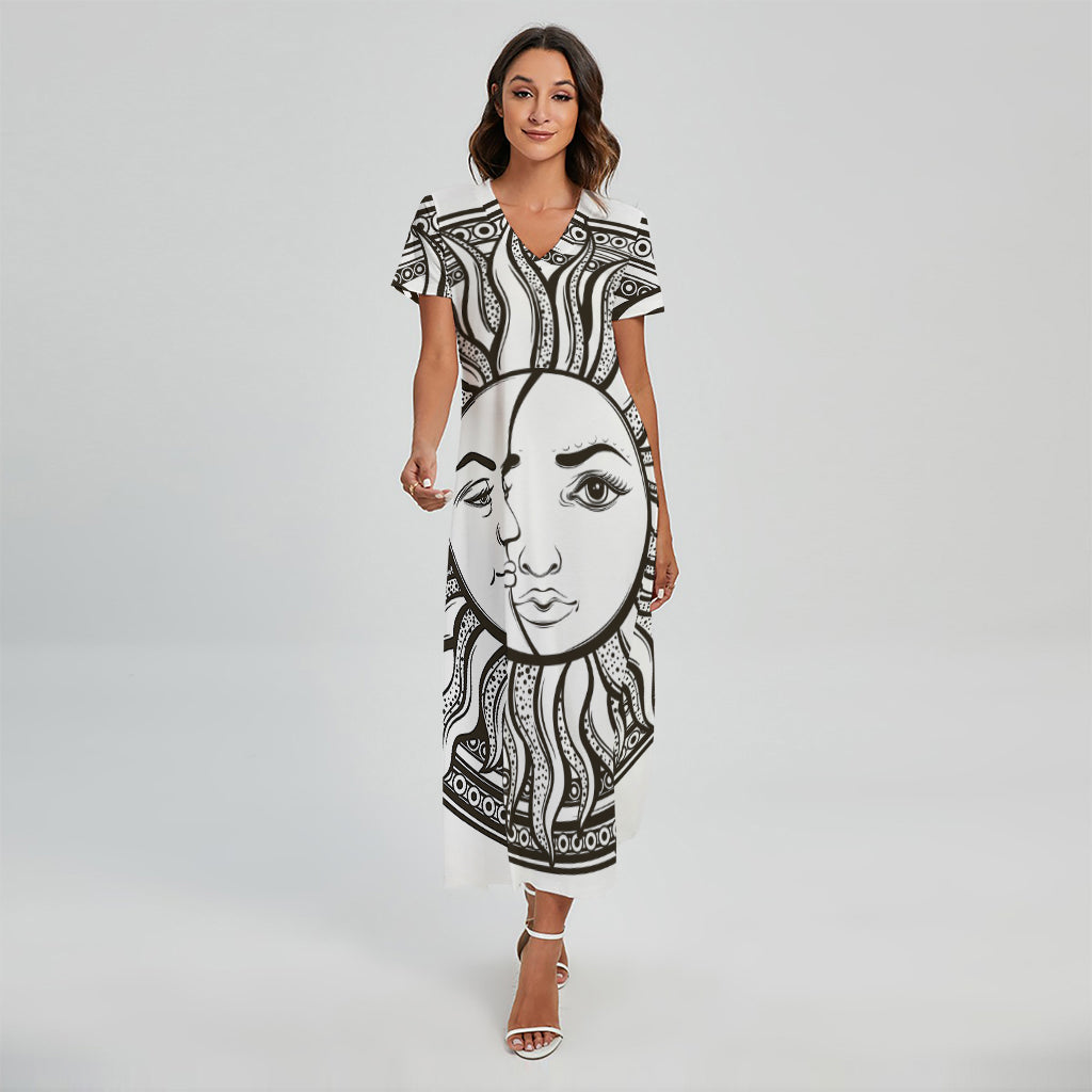 Bohemian Celestial Sun And Moon Print Short Sleeve Maxi Dress