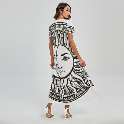 Bohemian Celestial Sun And Moon Print Short Sleeve Maxi Dress