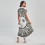Bohemian Celestial Sun And Moon Print Short Sleeve Maxi Dress