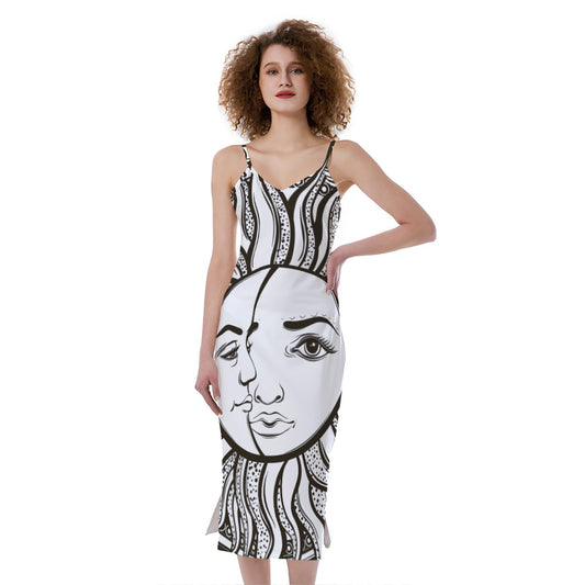 Bohemian Celestial Sun And Moon Print Slim Fit Midi Cami Dress