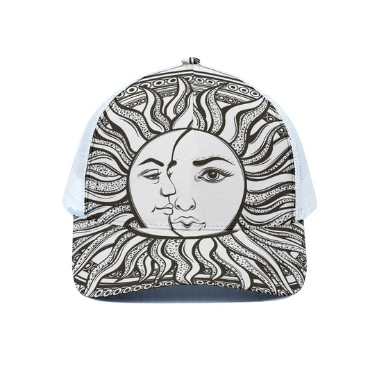 Bohemian Celestial Sun And Moon Print White Mesh Trucker Cap