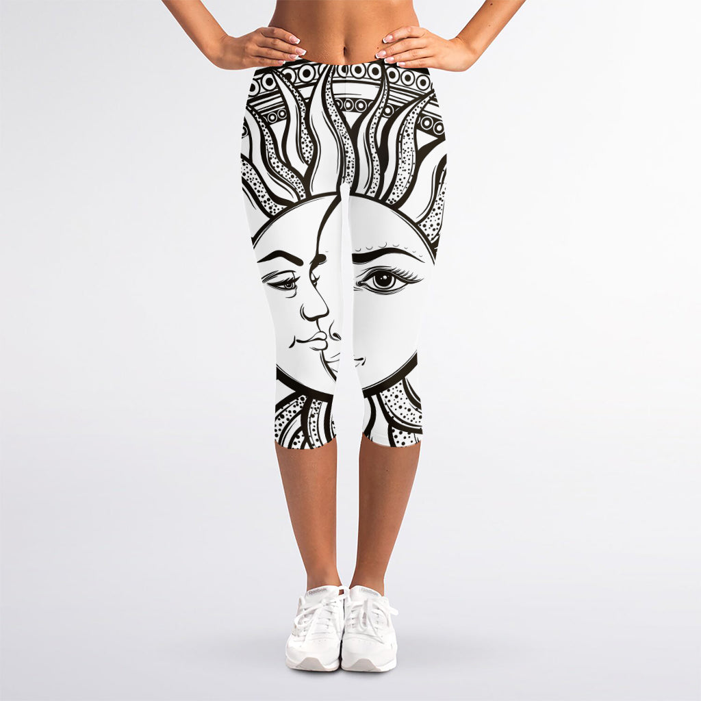 Bohemian Celestial Sun And Moon Print Women's Capri Leggings