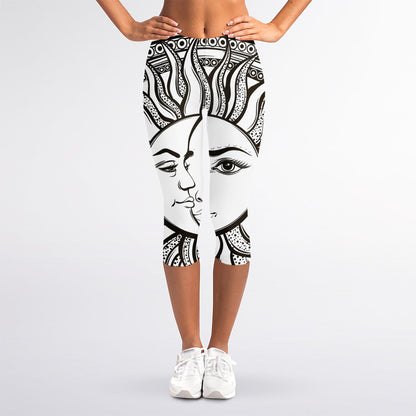 Bohemian Celestial Sun And Moon Print Women's Capri Leggings