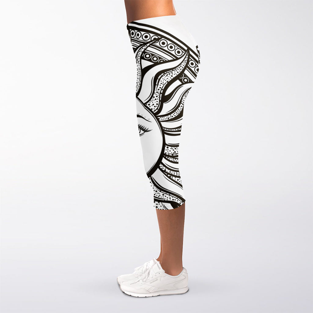 Bohemian Celestial Sun And Moon Print Women's Capri Leggings