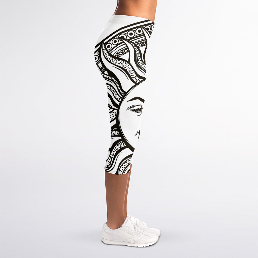 Bohemian Celestial Sun And Moon Print Women's Capri Leggings