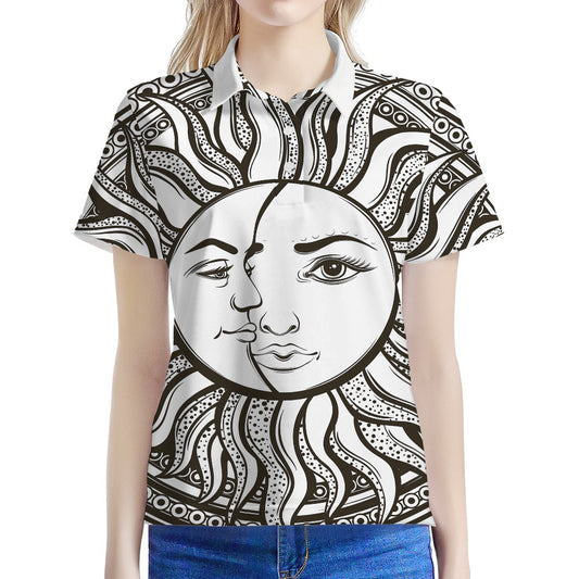 Bohemian Celestial Sun And Moon Print Women's Polo Shirt