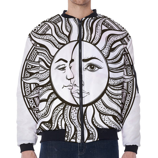 Bohemian Celestial Sun And Moon Print Zip Sleeve Bomber Jacket