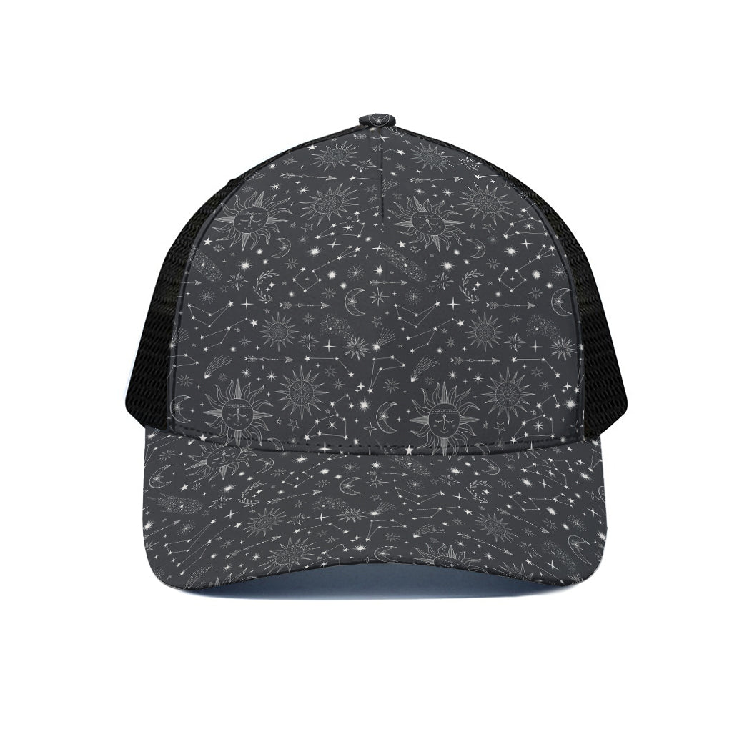 Bohemian Constellation Pattern Print Black Mesh Trucker Cap