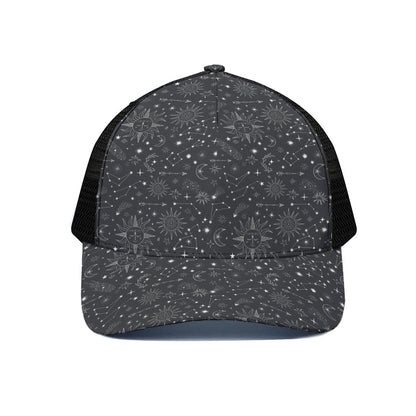 Bohemian Constellation Pattern Print Black Mesh Trucker Cap
