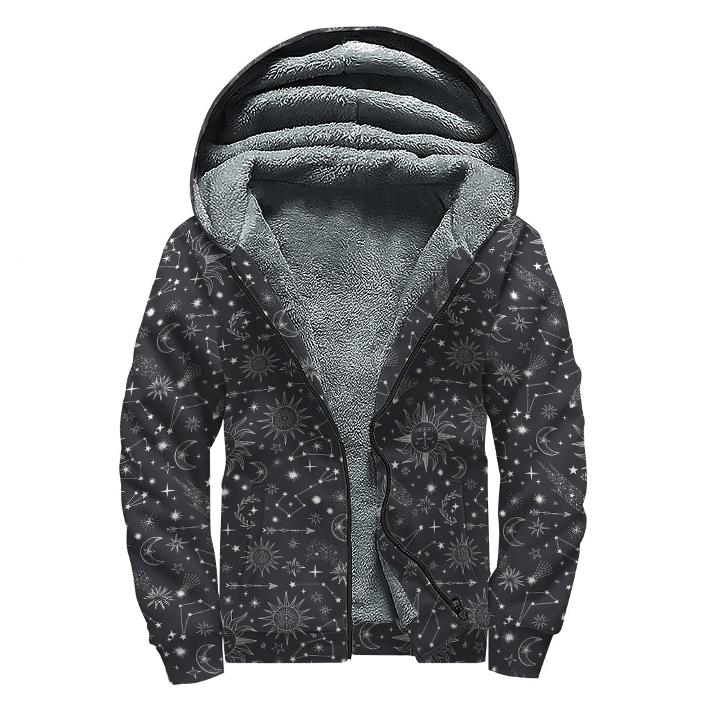 Bohemian Constellation Pattern Print Sherpa Lined Zip Up Hoodie