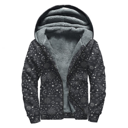 Bohemian Constellation Pattern Print Sherpa Lined Zip Up Hoodie