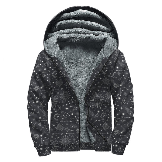 Bohemian Constellation Pattern Print Sherpa Lined Zip Up Hoodie