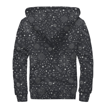 Bohemian Constellation Pattern Print Sherpa Lined Zip Up Hoodie