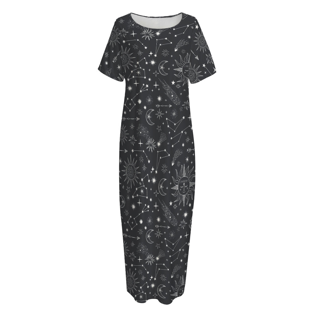 Bohemian Constellation Pattern Print Short Sleeve Long Nightdress