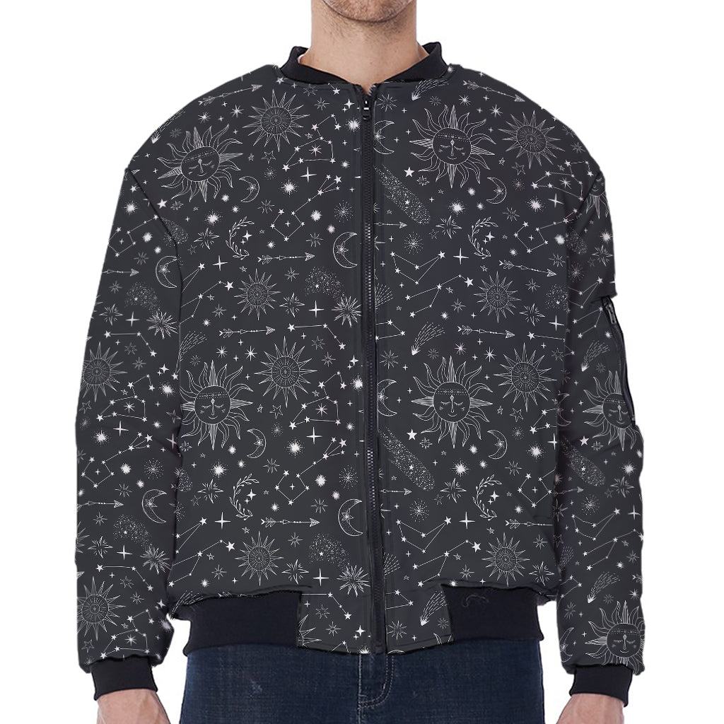 Bohemian Constellation Pattern Print Zip Sleeve Bomber Jacket