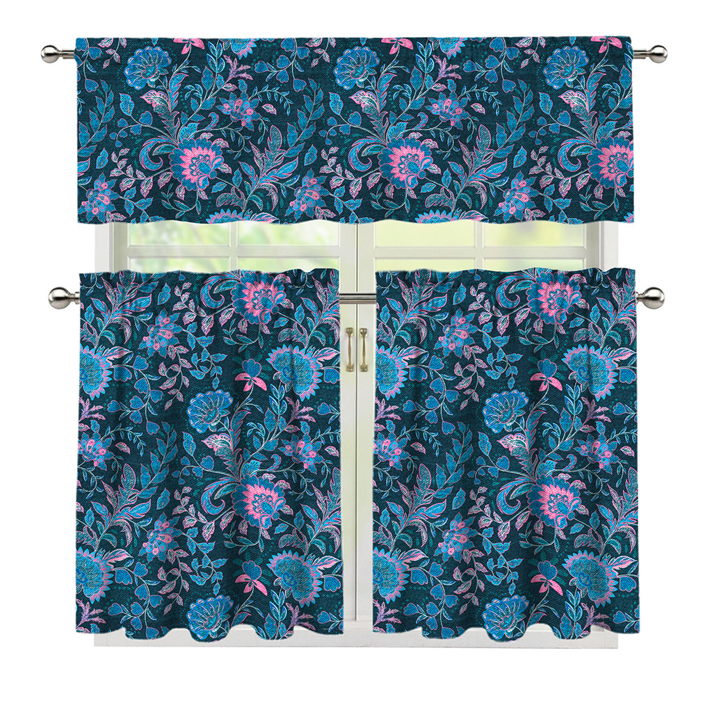 Bohemian Denim Jeans Pattern Print 3 Piece Kitchen Curtains