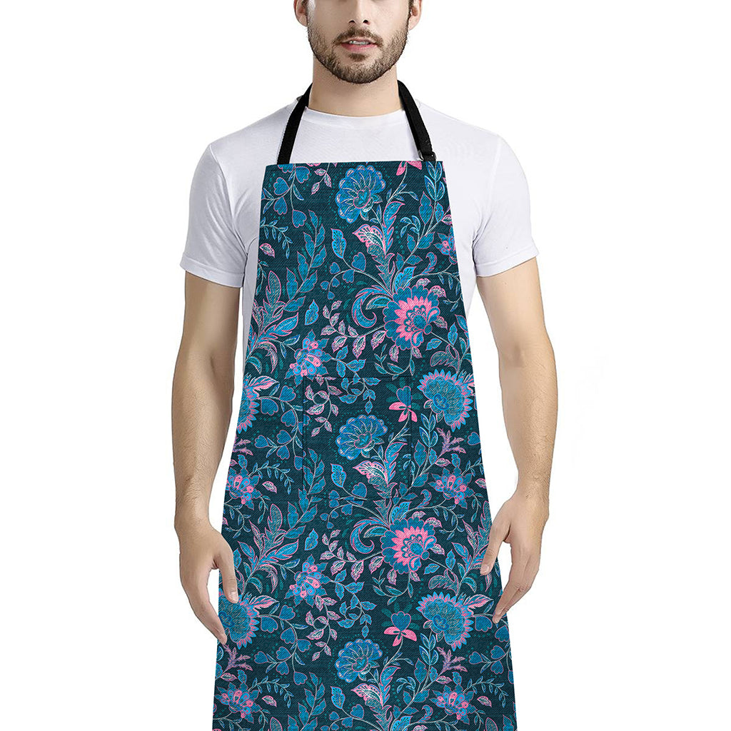 Bohemian Denim Jeans Pattern Print Bib Apron With Pocket