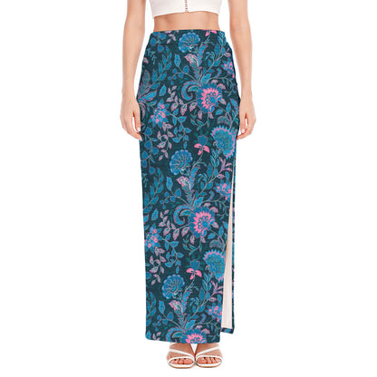 Bohemian Denim Jeans Pattern Print High Slit Maxi Skirt