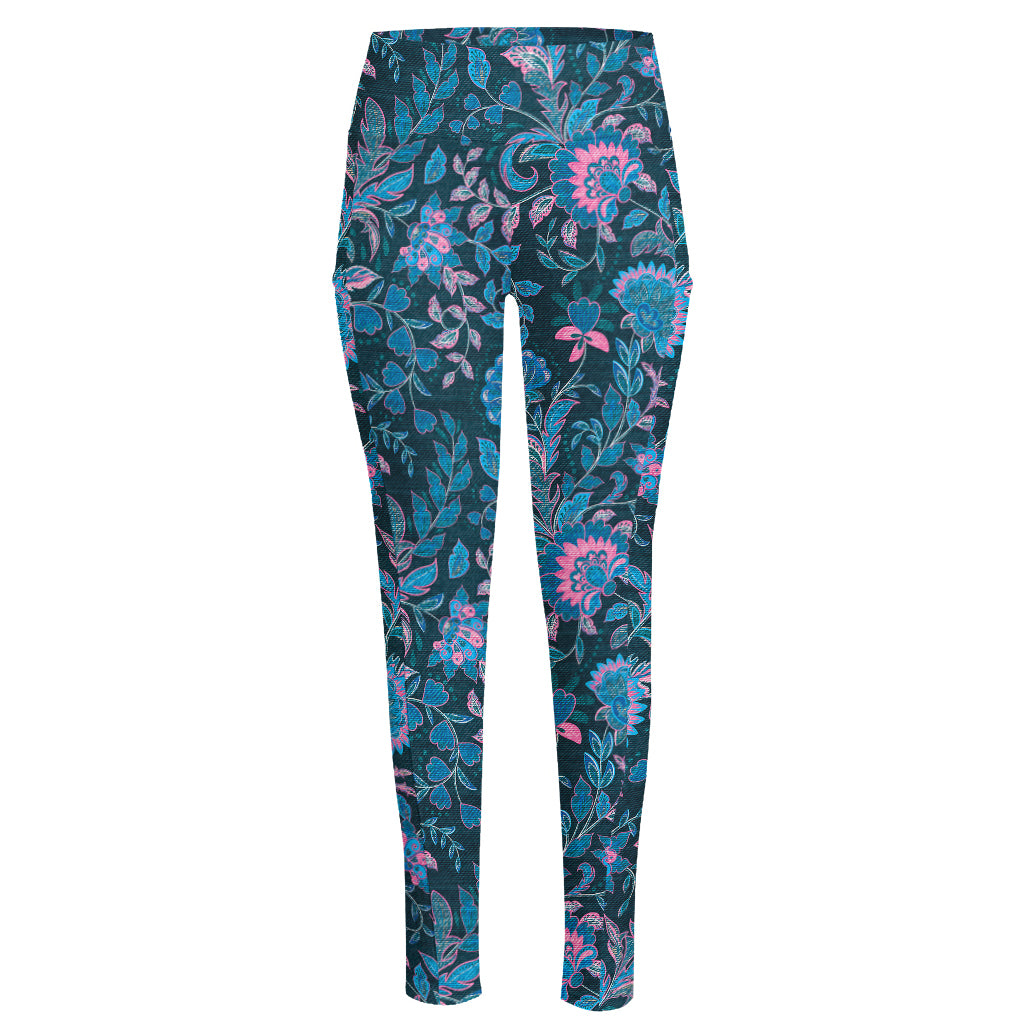 Bohemian Denim Jeans Pattern Print High-Waisted Pocket Leggings
