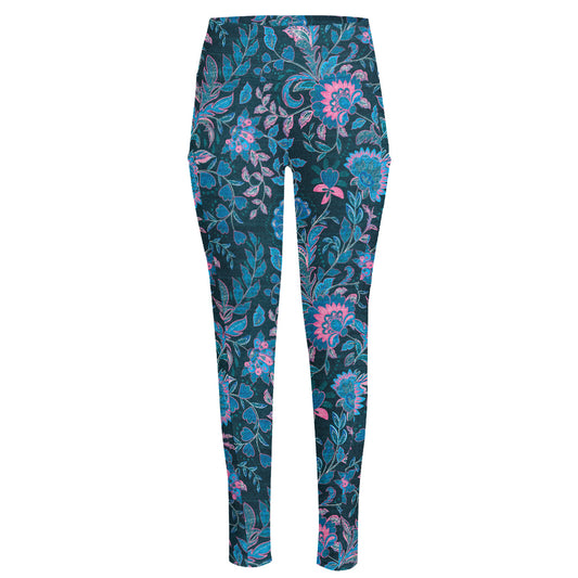 Bohemian Denim Jeans Pattern Print High-Waisted Pocket Leggings