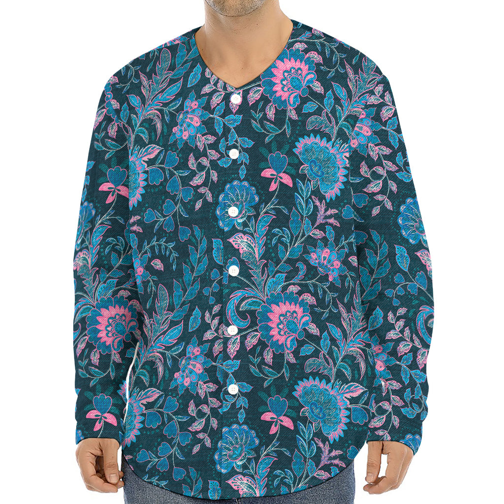 Bohemian Denim Jeans Pattern Print Long Sleeve Baseball Jersey