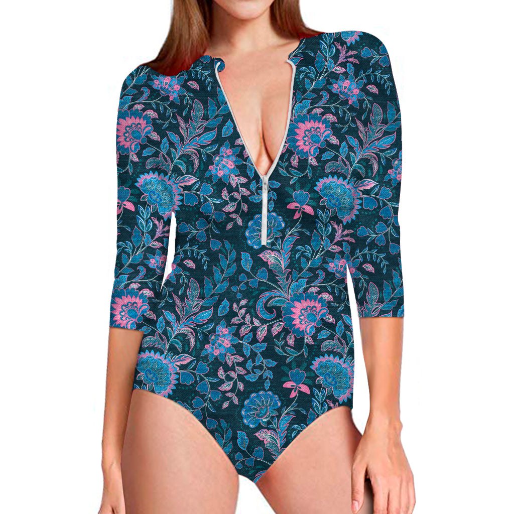 Bohemian Denim Jeans Pattern Print Long Sleeve Swimsuit