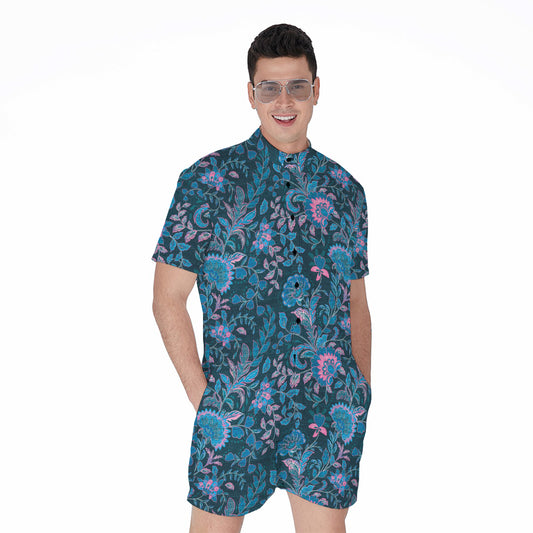 Bohemian Denim Jeans Pattern Print Men's Rompers