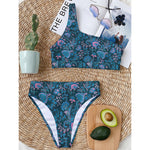 Bohemian Denim Jeans Pattern Print One Shoulder Bikini Top