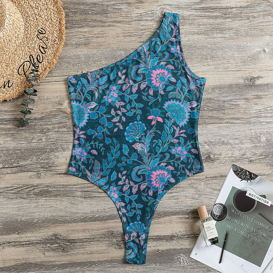Bohemian Denim Jeans Pattern Print One Shoulder Bodysuit