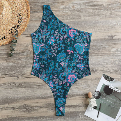 Bohemian Denim Jeans Pattern Print One Shoulder Bodysuit