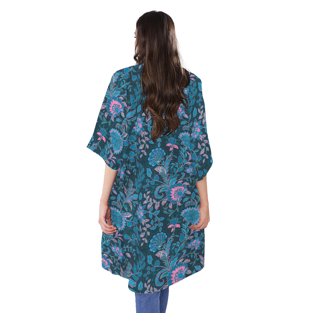 Bohemian Denim Jeans Pattern Print Open Front Beach Cover Up