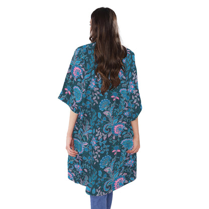 Bohemian Denim Jeans Pattern Print Open Front Beach Cover Up