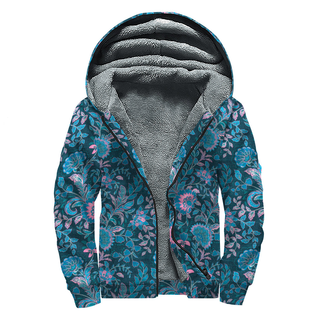 Bohemian Denim Jeans Pattern Print Sherpa Lined Zip Up Hoodie