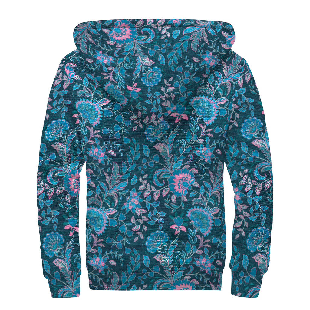 Bohemian Denim Jeans Pattern Print Sherpa Lined Zip Up Hoodie