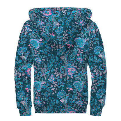 Bohemian Denim Jeans Pattern Print Sherpa Lined Zip Up Hoodie