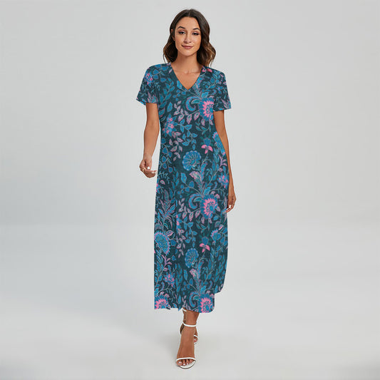 Bohemian Denim Jeans Pattern Print Short Sleeve Maxi Dress