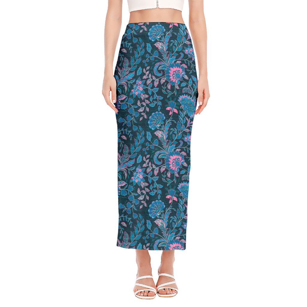Bohemian Denim Jeans Pattern Print Side Slit Maxi Skirt