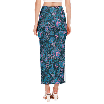 Bohemian Denim Jeans Pattern Print Side Slit Maxi Skirt