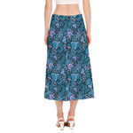 Bohemian Denim Jeans Pattern Print Side Slit Midi Skirt
