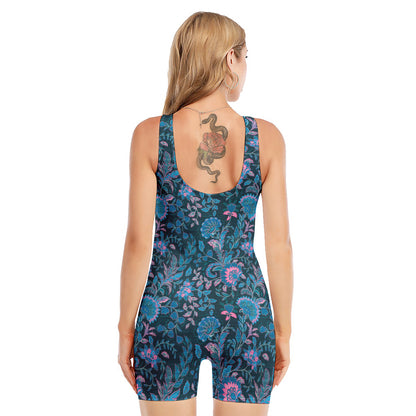 Bohemian Denim Jeans Pattern Print Sleeveless One Piece Swimsuit