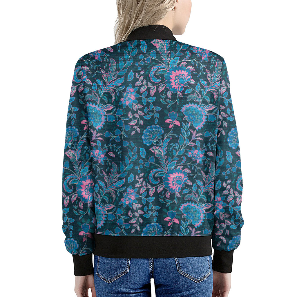 Bohemian Denim Jeans Pattern Print Women's Bomber Jacket